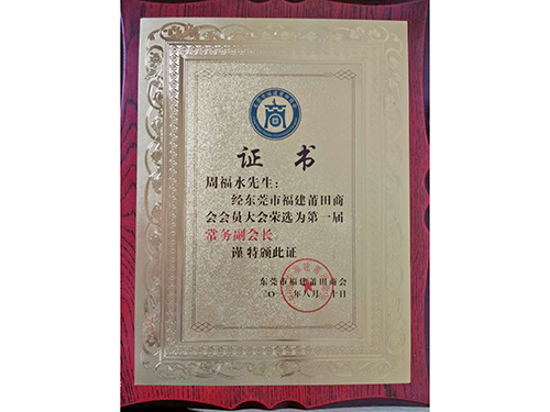 福建莆田商會(huì)常務(wù)副會(huì)長證書